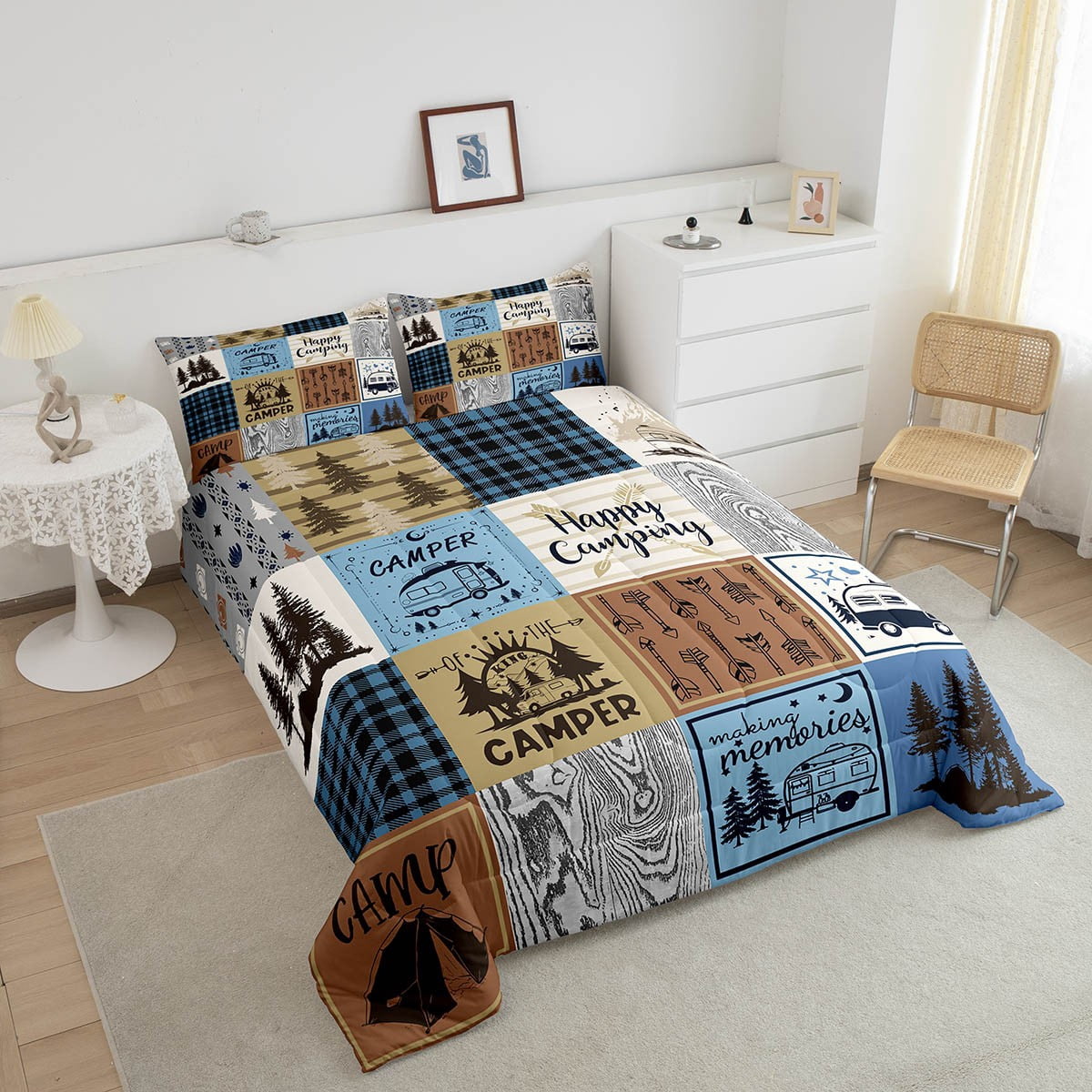 Happy Camping Bedding Set King Rv Camper Comforter Set For Travel Trailers Bunks,Patchwork Rustic Buffalo Plaid Pine Trees Camper Car Decor Quilt Rv Accessories For Inside Duvet 3 Pcs