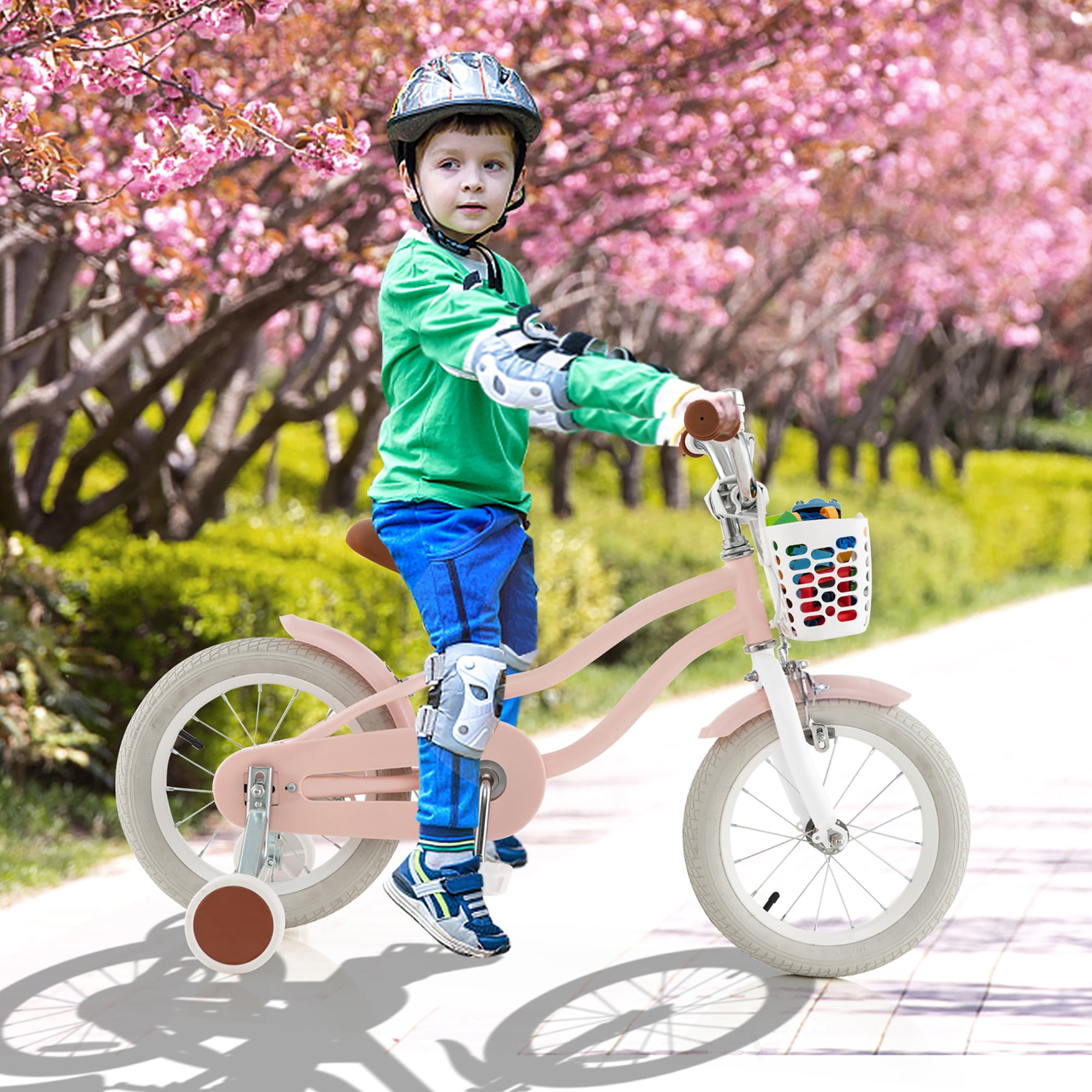Gymax Velo pour Enfants 14 Pieds avec Roues d Entrainement Amovibles et Panier Rose