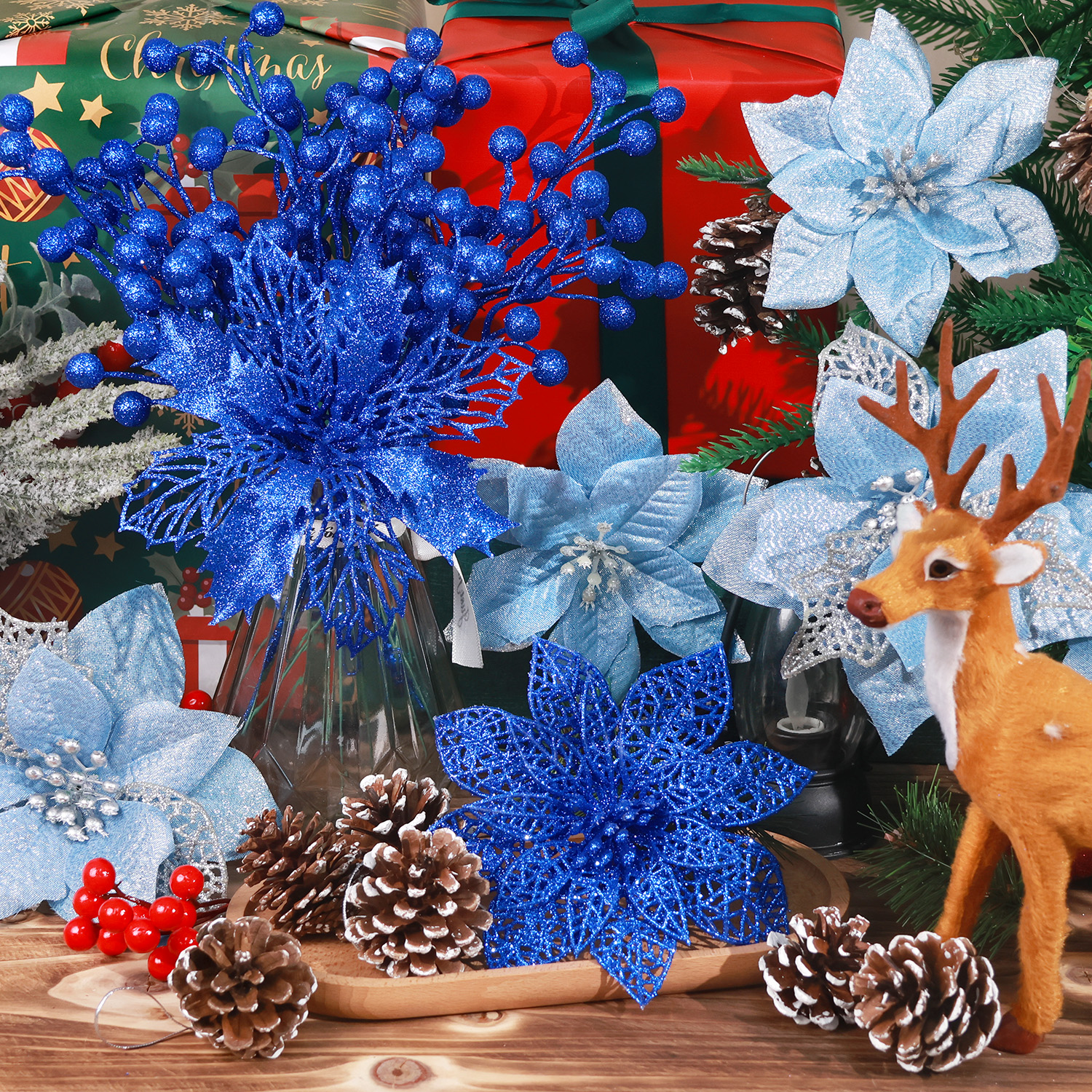 Ayieyill 56-Piece Christmas Decoration Set, Blue Poinsettia photo 8