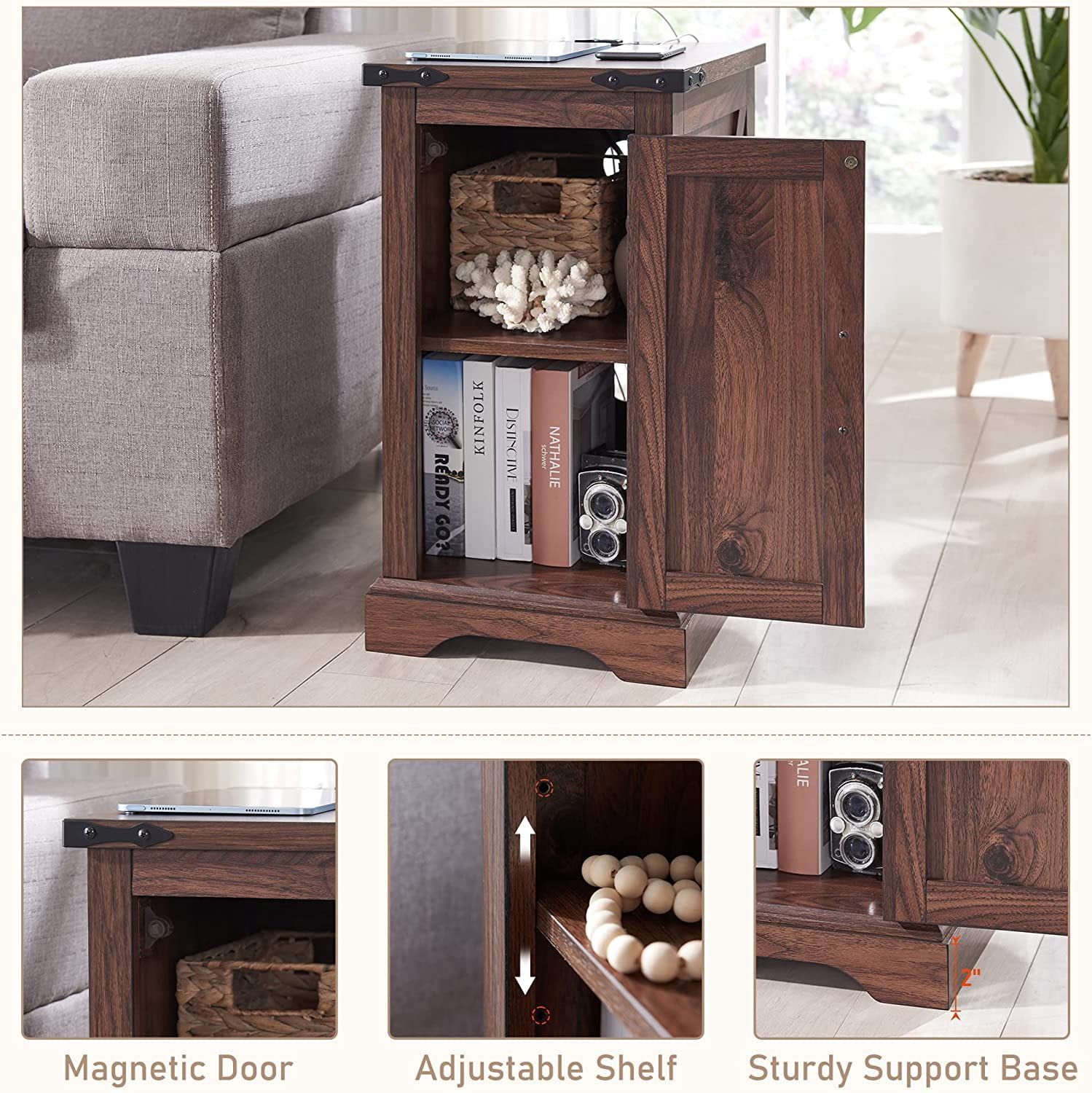 T4TREAM Farmhouse Nightstand with Charging Station, Wood End Table for Living Room, Brown