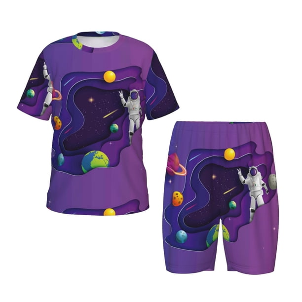 Balery Astronaut Conjunto de Pijama Infantil de Manga Corta con Estampado – Ropa de Dormir de Algodón Suave-Medium