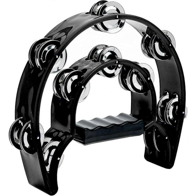 Double row tambourine, metal jingle hand-held percussion tambourine instrument gift for kids and adults (Black)