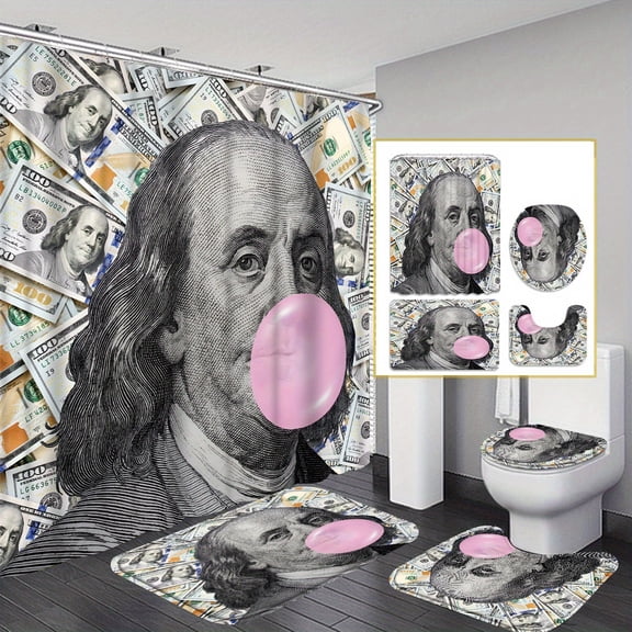 4PCS Money Shower Curtain Set, Funny Bathroom Decor, with Shower Curtain with Non-Slip Rugs, Toilet Lid Cover And Non-Slip U Shape Bath Mat, Bathroom Decoration with 12 Hooks 72 X 72 Inches