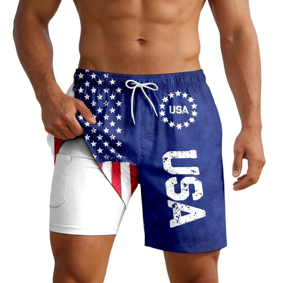 CONZONE 4Th Of July Mens Swim Trunks With Mesh Liner Patriotic Usa Star Striped Graphic Board Shorts for Men Elastic Waist Drawstring Independence Day American Summer Beach Swim Shorts