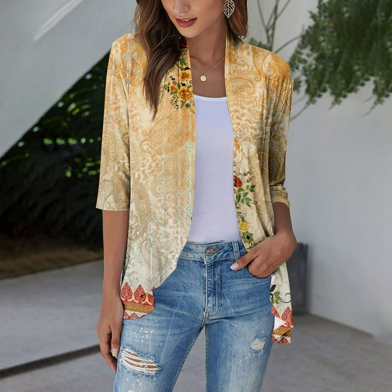 TQWQT Summer Cardigans for Women Lightweight Lightweight Open Front Cardigan 3 4 Sleeve Womens Draped Cardigan Sweaters Yellow L