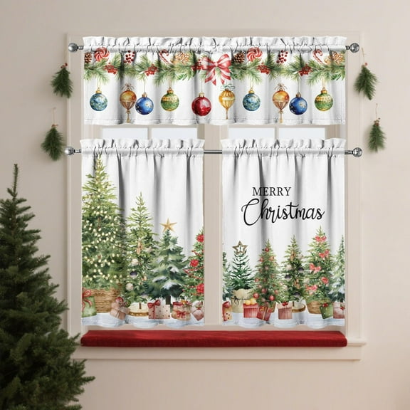 Christmas Kitchen Curtains Sets for Windows Christmas Trees Curtain Sink Window Valance 3 Piece Set Kitchen Decor Tier Curtains 3 Panels for Living Room Bedroom