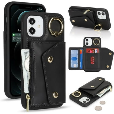 for iPhone 12 Case Wallet with Card Holder - Zipper Pocket,Credit Card Slots,RFID Blocking,Stand Ring,PU Leather Double Snap Cover for Women and Men(Black,6.1 Inch)