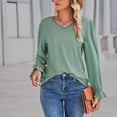 thumbnail image 3 of Xmarks Women Lace V Neck Flare Long Sleeve Pullover Sweaters Lightweight Knit Solid Color Novelty Jumper Tops Green XL, 3 of 8