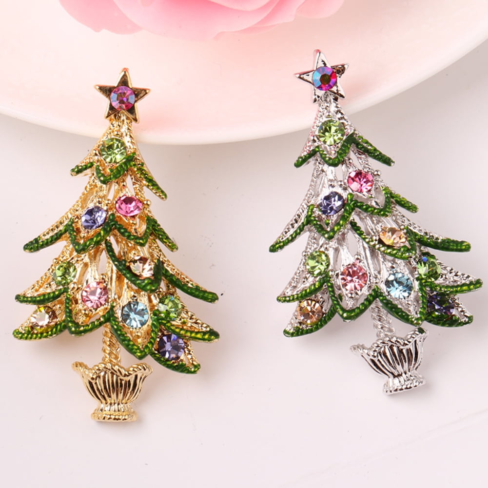 Fashion Christmas Tree Crystal Snowman Brooch Pin Women Xmas Party Jewelry Gift 