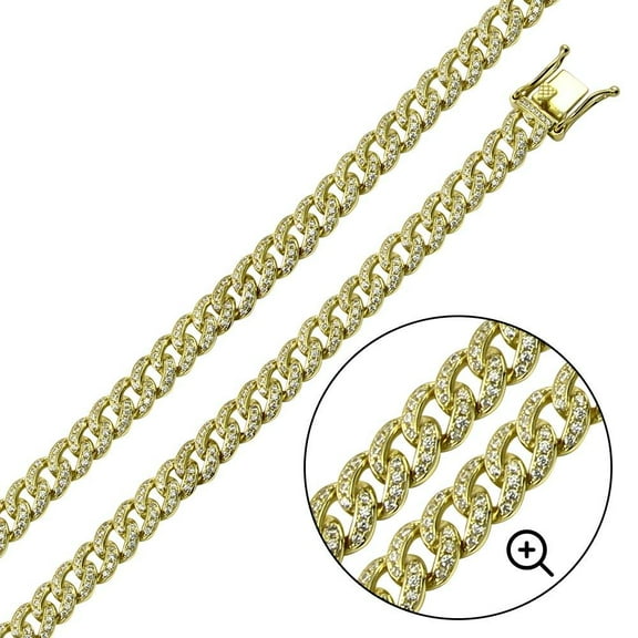 Gold Plated 925 Sterling Silver Clear Cubic Zirconia Encrusted Curb Chain 8.9mm 22" Jewelry Female