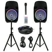 SA-KP12PG - Powered 12 Inch PA DJ Karaoke Party Speaker System with Stands - Bluetooth, LED Lights, Microphone, Cable and Remote