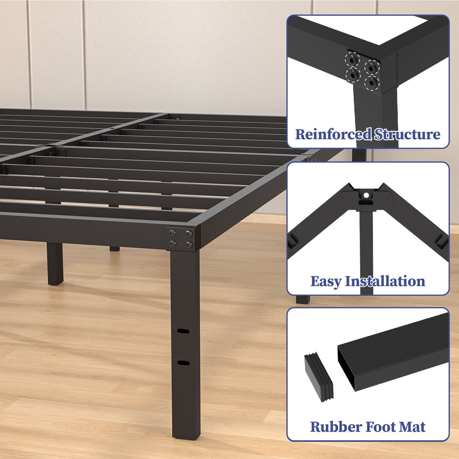 VOLIX 16" Black HighProfile Metal Bed Frame Headboard Compatible Platform Bed Frame, Full