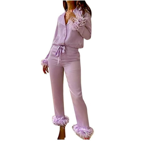 

Honeeladyy Deals New Women s Sexy Casual Turn Down Neck Solid Feather Full Sleeve Button Pants Suit Homewear Pajamas