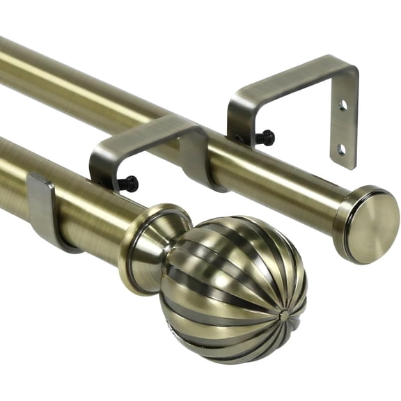Urbanest Adjustable Double Curtain Rod Set Fluted Ball Flat Button Finials – 1″ Front & 3/4″ Back Rod With Antique Brass Rod, 28–48 Inches