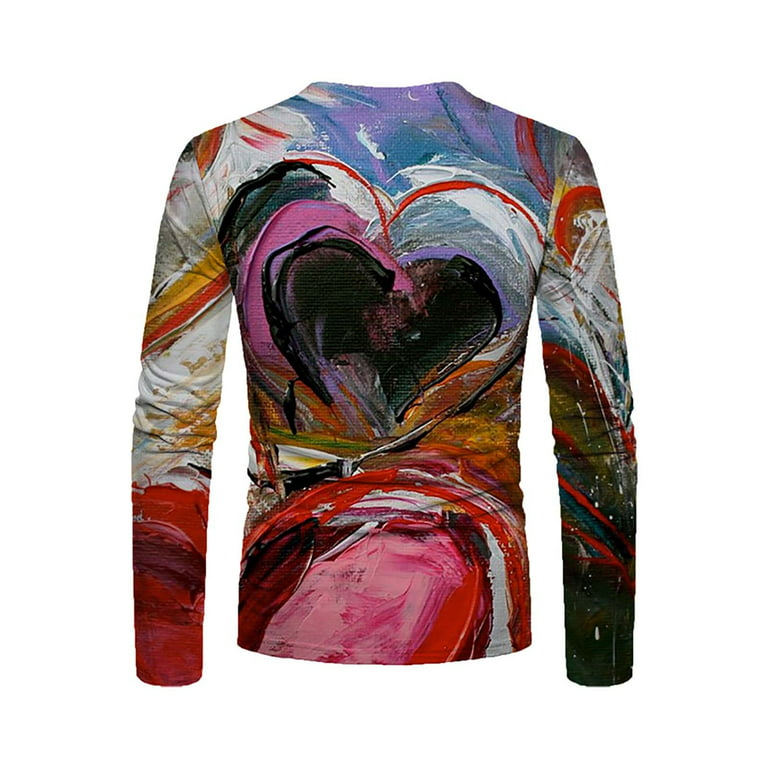 jsaierl Mens Shirts Long Sleeve 3D Love Heart Graphic Tee Casual Crew Neck  Tops Novelty Designer T Shirts for Valentine's Day