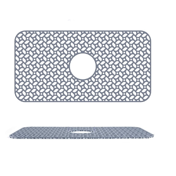 ACDANC Silicone Sink Mat, 24.6" X 12.7" Kitchen Sink Protector Grid with 4.72" Center Drain Hole, Heat Resistant to 446°F, Non-Slip Raised Feet, Gray, for Farmhouse Stainless Porcelain Basin