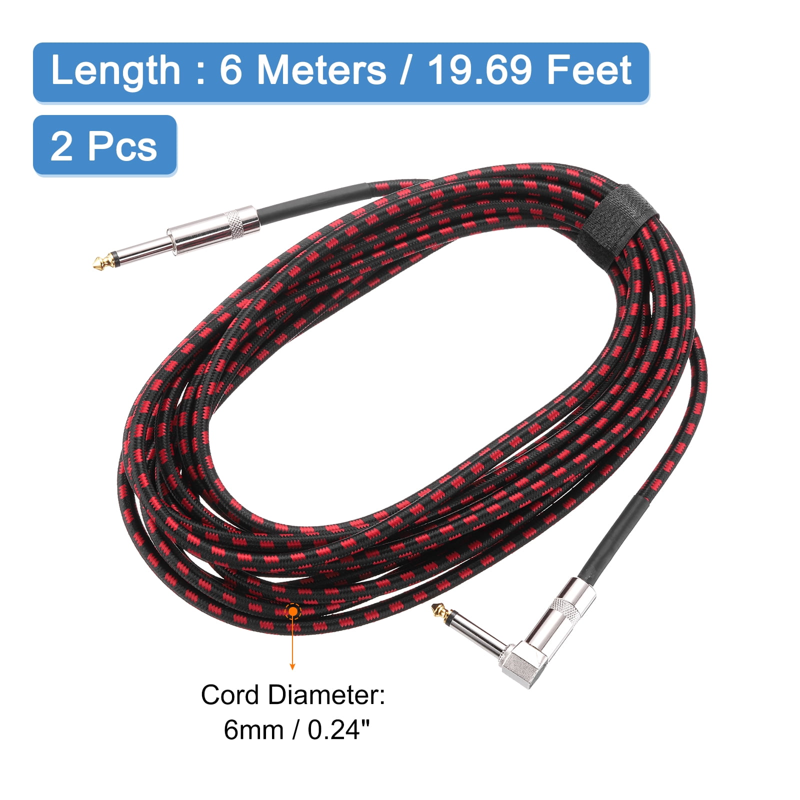 2 PCS Guitar Instrument Cable 20 Feet 1/4" to 1/4" 6.35mm Straight to Right Angle Interconnect Cord Braided Red