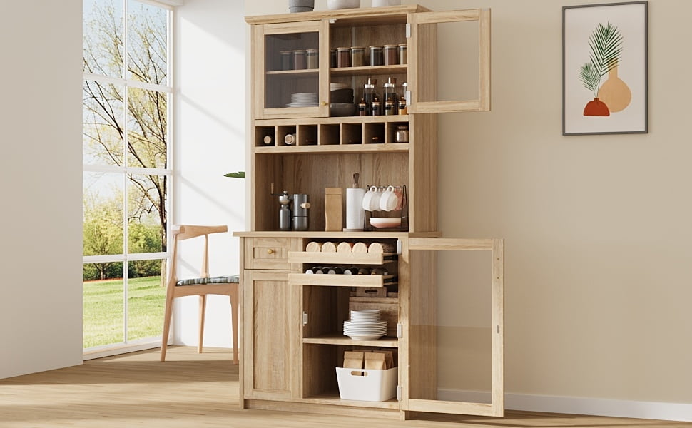 Farmhouse Freestanding Buffet with Hutch, Tall Kitchen Pantry Storage Cabinet with Wine Rack, Adjustable Shelves and Tempered Glass Doors for Dining Room