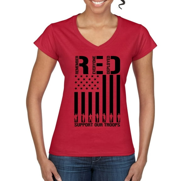 Wild Bobby Remember Everyone Deployed RED Support Our Troops Military Black Flag Women Standard V-Neck Tee