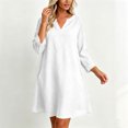 thumbnail image 6 of Guieoi Trendy Long-Sleeve V-Neck Cotton-Linen Dress with Wide Hem White S, 6 of 8