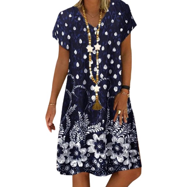 Innerwin Robes Évasées Imprimé Floral Robe Midi d'Été pour Femmes Fête Col en V Bohème Plage Robe Bleu Marine 4TG