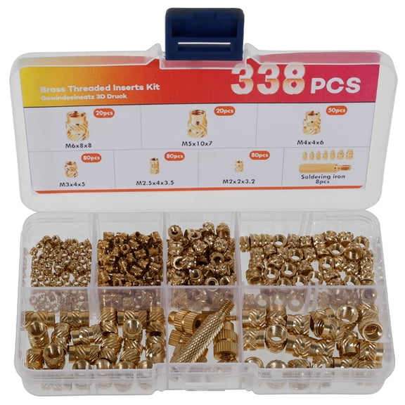 338 Pcs Threaded Insert Set M2 to M6 Brass Threaded Insert Assortment Kit with Soldering Iron Tip and Adapter for Plastic and 3D Printing Component