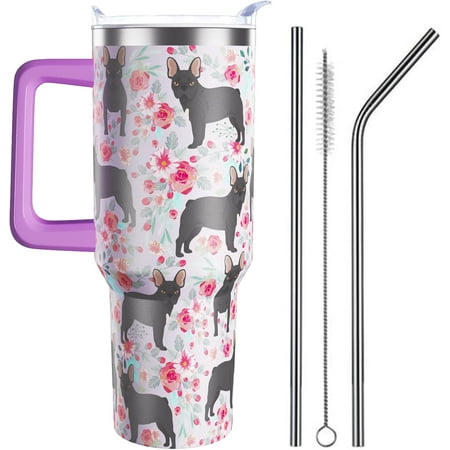 

French Bulldog Gifts for Women Dog Lovers 40 oz Floral French Bulldog Tumblers with Handle and Straw Stainless Steel Vacuum Insulated Travel Coffee Mug Cup Water Bottle