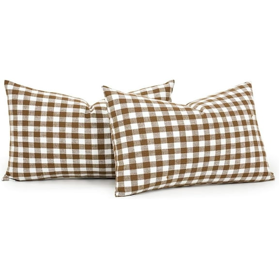 Buffalo Plaid Lumbar Pillow Covers 12x20 Set of 2, Khaki and White Gingham Check Lumbar Pillows, Outdoor Farmhouse Checkered Pillow Covers for Patio Furniture (No Pillow Inserts)