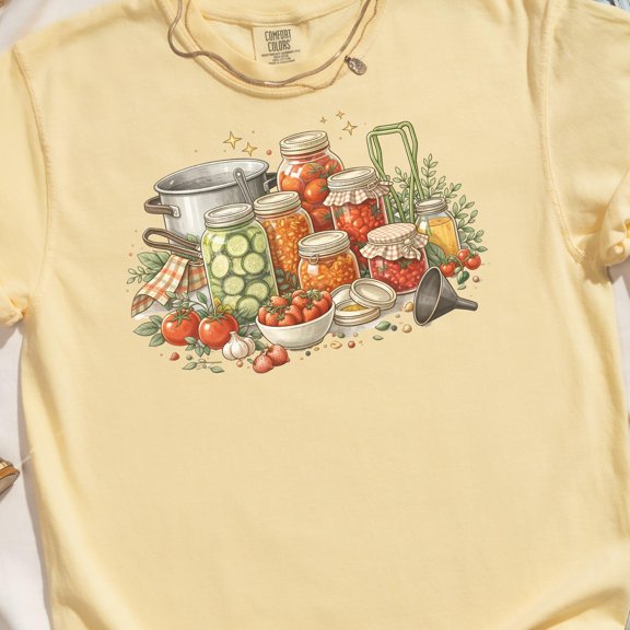 Charming Home Canning T-Shirt, Garden Harvest Preserving Jars, Fresh Pickles Tomatoes Strawberries Foodie Kitchen Tee, Wholesome Gift, Vintage Birthday Gift