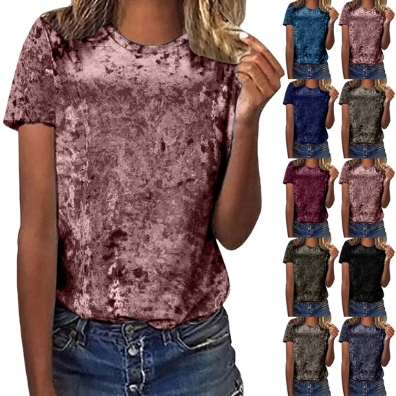 Womens Clothes Kelon Womens Summer Tops Short Sleeve Shirts Crew Neck Velvet Fashion Tunics Trendy Flowy Clothing Vacation Clothes Cruise Outfits, XL