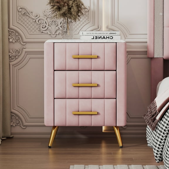 Elegant Velvet Upholstered 3 Drawer Nightstand with Metal Legs&Handles, Modern Wooden Night Stand Bedside Table with Marbling Worktop, Pink