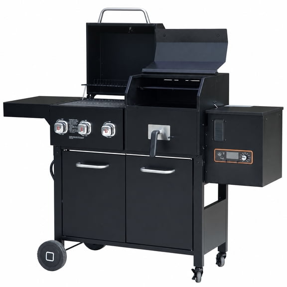 Flintex Gas Grill and Pellet Smoker Combo with Griddle, Automatic Pellet Feed and Digital Temperature Control for Outdoor BBQ
