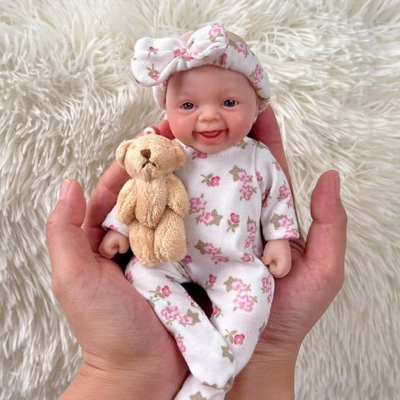 Realistic Reborn Baby Doll Boy or Girl 7 inch Full Silicone Mini Doll with Open Eyes and Smile - Includes Feeding Bottle Pacifier Accessories, Gift Ready