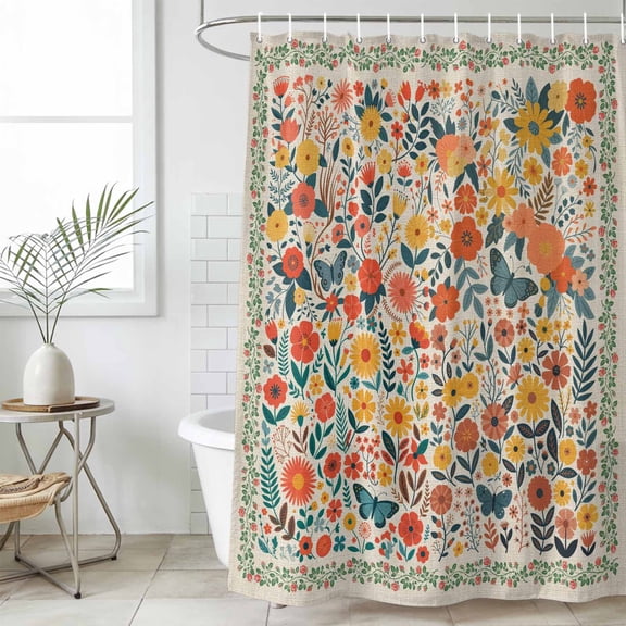 Boho Beige Flowers Extra Long Shower Curtain Set, Waterproof Shower Curtains for Bathroom, Spring Abstract Watercolor Floral Leaf Washable Fabric Bath Curtain for Bathtub with Hooks 72x96 Inches