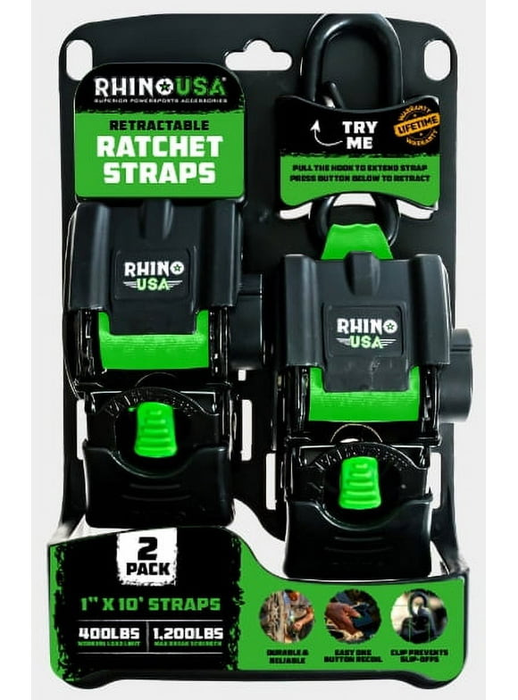 Rhino USA 1in x 10ft Retractable Ratchet Straps, 2 Pack, 403lbs Working Load Limit