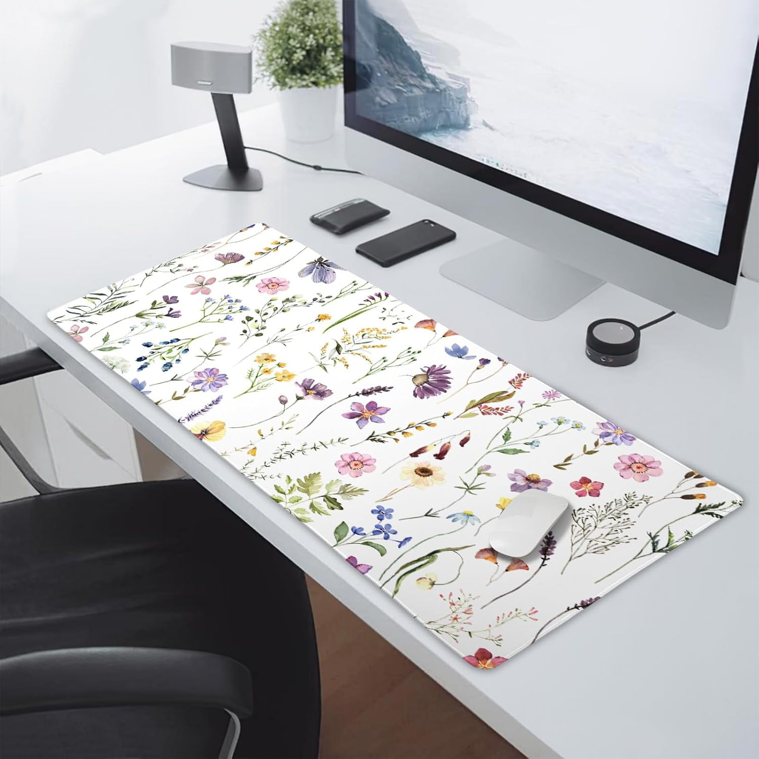 Pretty Flowers Mouse Pad XXL Cute Floral Chic Plant Spring Summer Extended Table Mat 90X40 CM Non-Slip Rubber Base Stitched Edge Large Mousepad for Gaming Laptop Computer Desk Top 35.4×15.7 Inch