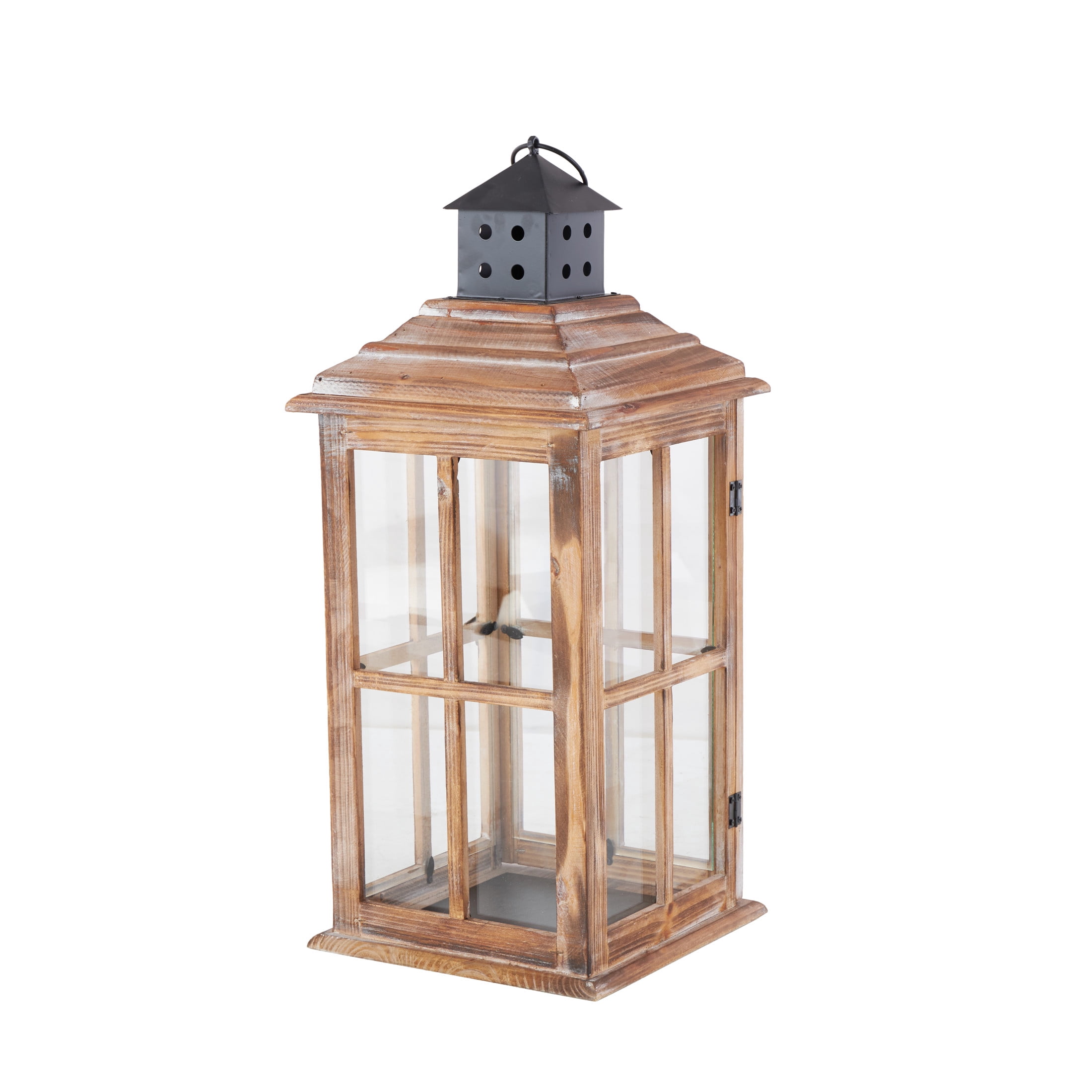 DecMode Brown Wood Light House Decorative Candle Lantern with Black Ring Handle