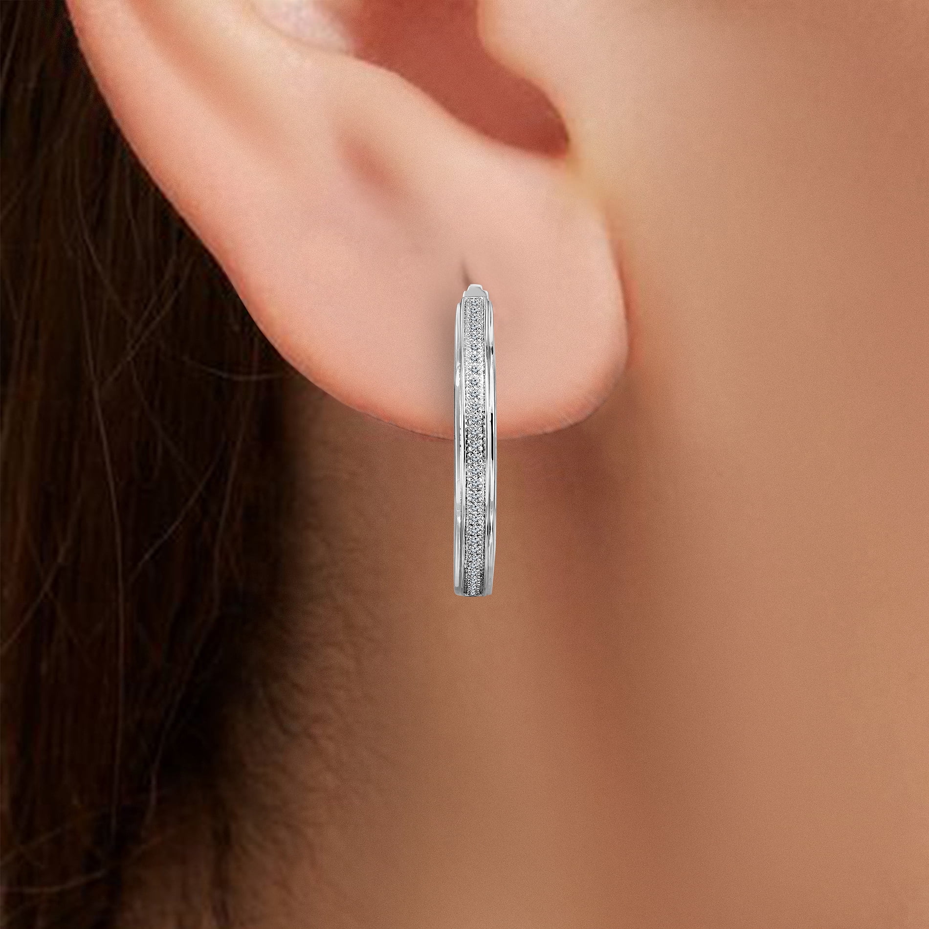 Natalia Drake 1/10 Cttw Diamond Hoop Earrings for Women in Rhodium Plated 925 Sterling Silver Color H I / Clarity I2-I3