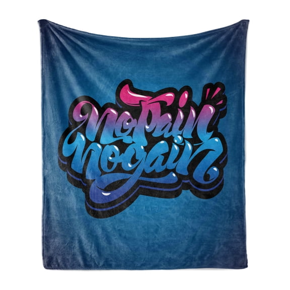 Fitness Soft Flannel Fleece Throw Blanket, No Pain No Gain Words Graffiti Style Typography Gym Training, Cozy Plush for Indoor and Outdoor Use, 60" x 80", Blue Pink Pale Blue, by Ambesonne