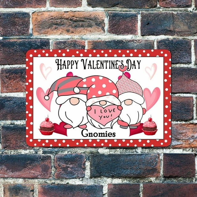 Feliz Día de San Valentín, Lindos Gnomos con Corazón, Letreros Metálicos Vintage, Decoración del Hogar, Letrero de Metal, Placa de Pared, 8x12