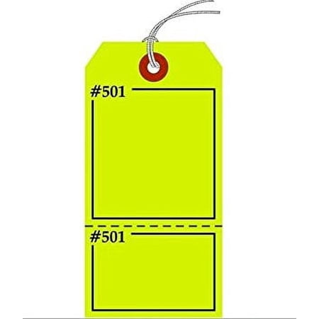 Claim Check/Tag, Numbered 2 Places, 5.75" x 2.875", FLUORESCENT YELLOW ,2 Part, Looped String, Pack of 100