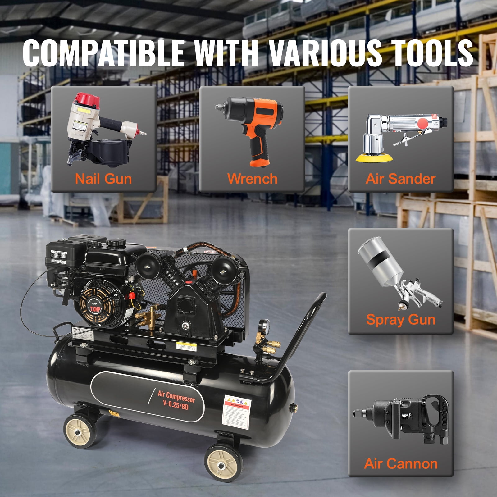 KFFKFF 7HP Gas-Fueled Air Compressor, Horizontal 21 Gallon Air Storage Tank, 9CFM@115PSI Gas Propelled Piston Pump Air Compression System, 115PSI Maximum Pressure, Suitable for Construction Locations