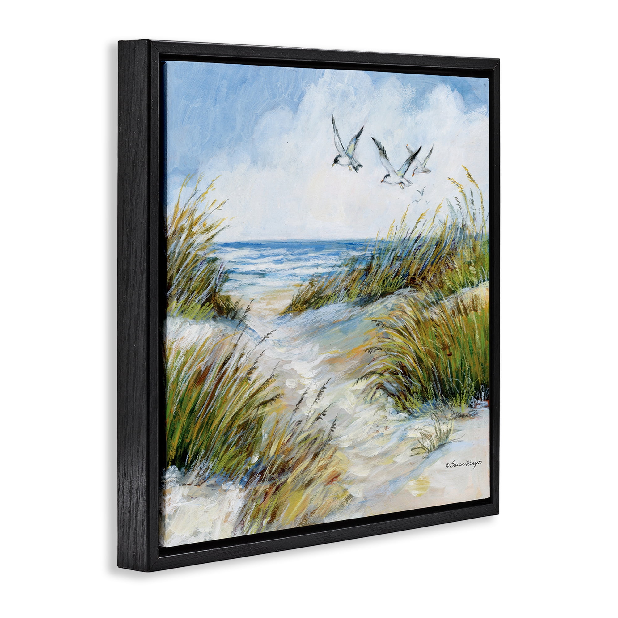 Stupell Industries Beach Path Seagulls Overhead Black Framed Floater Canvas Wall Art, design by Susan Winget
