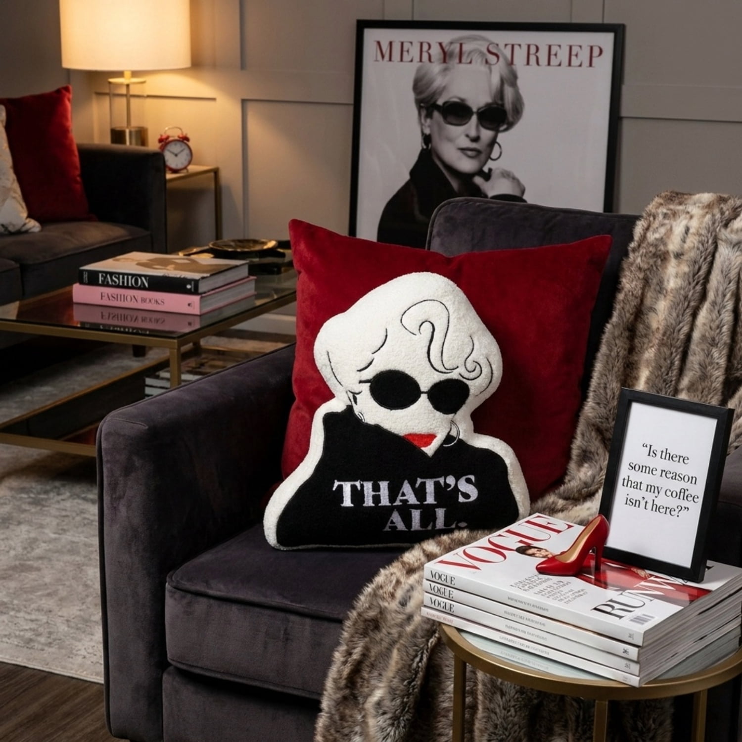 Devil Wears Prada Decorative Pillow, 100% Polyester Boucle, Embroidered Design, 16" x 18", White and Black