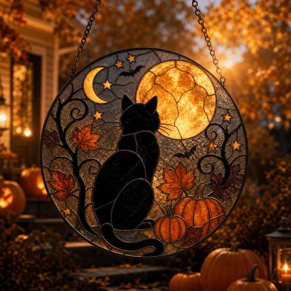 Black Cat Halloween Suncatcher Window Hanging, Stained Glass Style Fall Decor