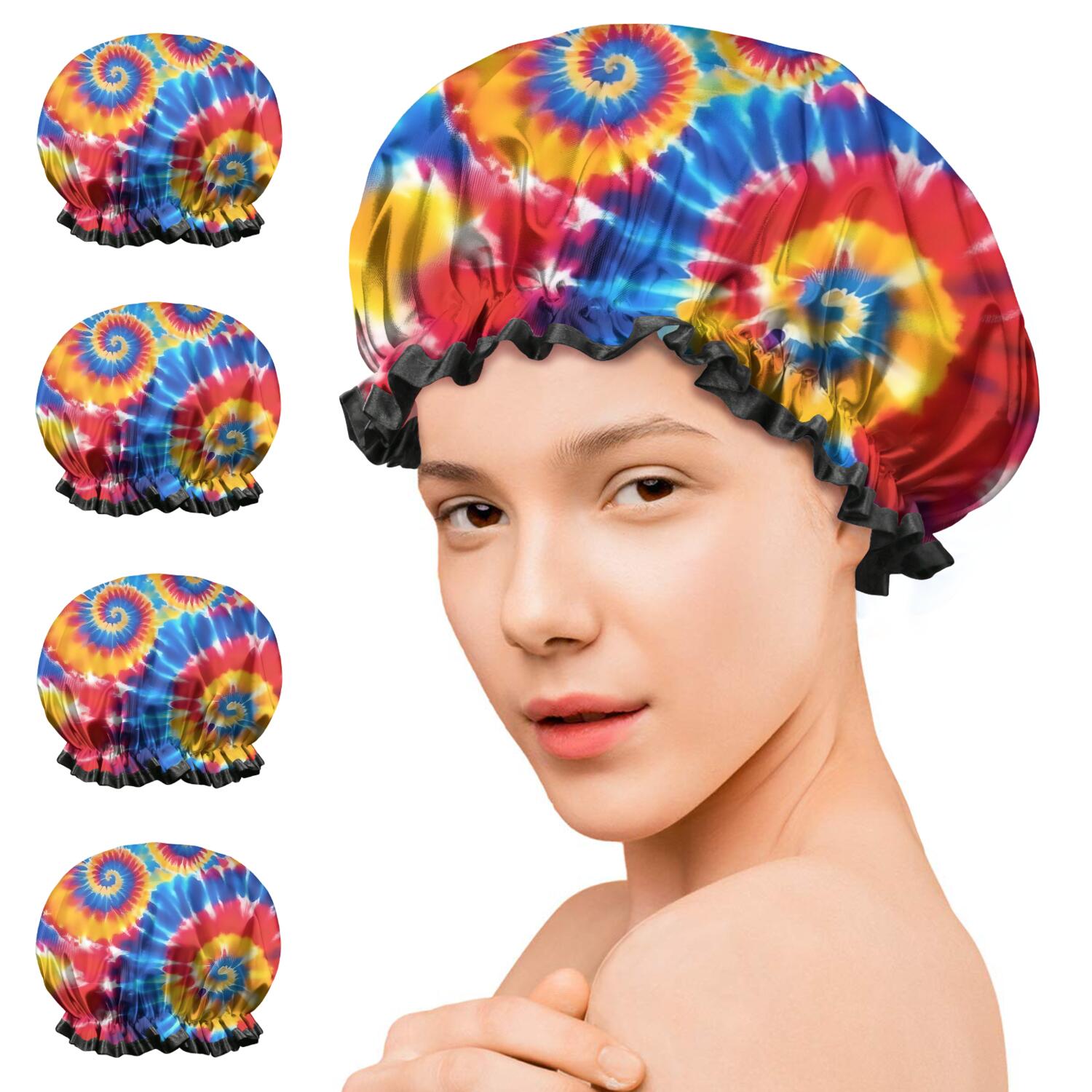 Shower Caps,Colorful Tie Dye Multi Spiral Pattern Waterproof Shower Cap for Women 4 Pieces,Double Reusable Hair Cover for Shower PEVA Elastic Stretch Hem