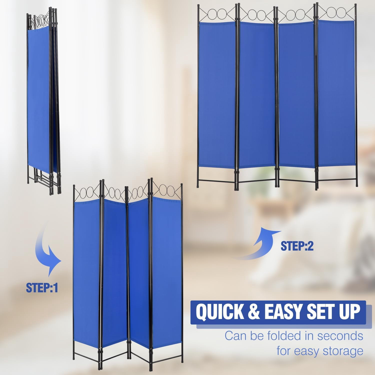 PayLessHere 4 Panel Room Divider 6 ft Steel for Home Office Bedroom, Blue