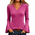 thumbnail image 2 of CQONEPT Womens Ribbed Knit Bell Sleeve Tops Plain Slim Fit V Neck Blouses Dressy Casual Going Out Shirt Tees Daily Wear Work Office Fall Outfits L, 2 of 7