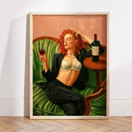 Feminine Wine Redhead Woman Retro Glam Wall Decor, Unframed Paper Poster 8x10in