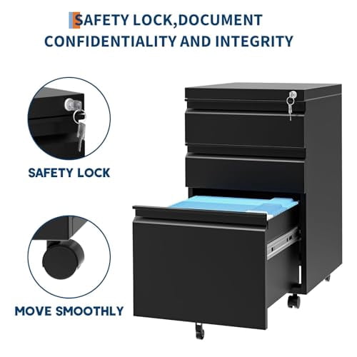 3-Drawer Mobile File Cabinet with Lock, Metal Filing Cabinet on Wheels, Fits Letter/Legal/A4 Files, Space-Saving Under Desk Office Storage Organizer for Home Office, Easy Assembly, Black